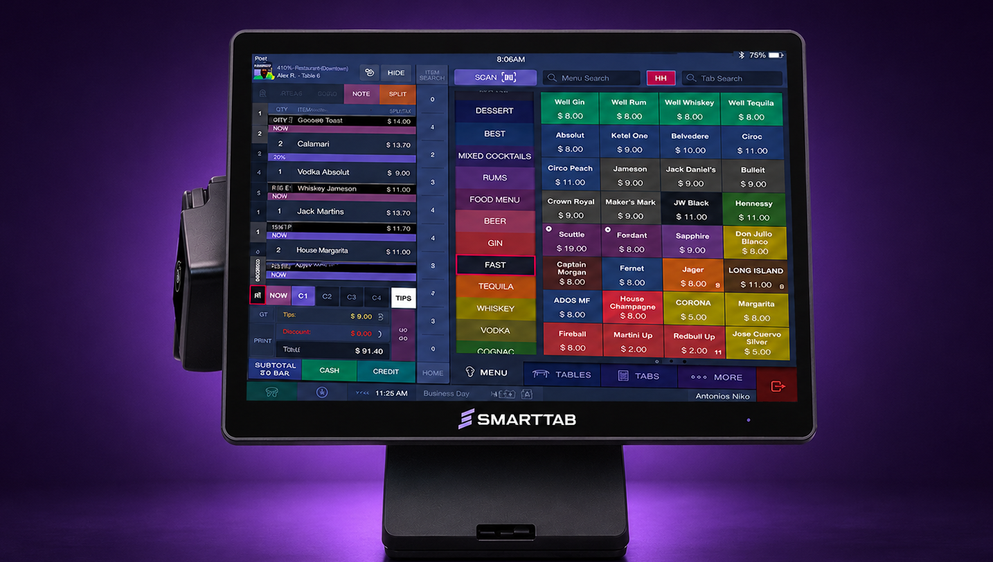 SmartTab POS Station with SmartTab interface on a purple background